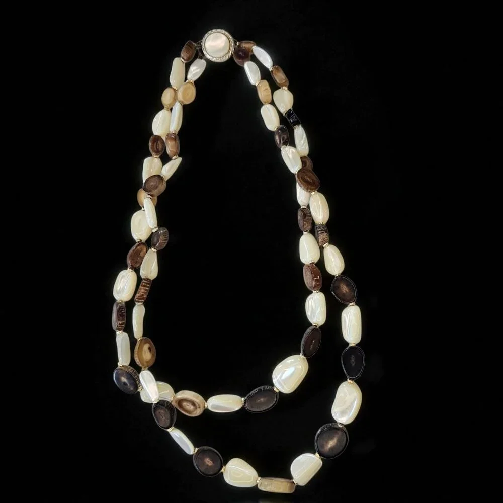 VTG 60s Polished Antler Slice Abalone Shell Beaded‎ Necklace Brown Cream 19